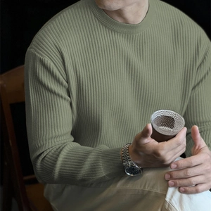 Men's American Vintage Ribbed Knit Sweater Vertical Stripe Crewneck Loose Pullover Casual Long Sleeve Base Shirt Top