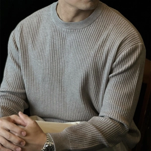 Men's retro vertical striped crew neck knit sweater in light grey casual loose fit style