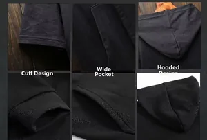 Close-up of ribbed cuffs, large pockets, and drawstring hood on black cloak hoodie