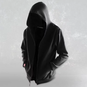 Black hooded assassin cloak windbreaker with full zip and minimalist dark aesthetic style