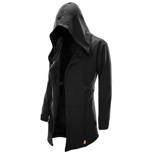 Men's longline black hooded cloak cardigan with oversized wizard hood and open front design