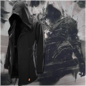 Men's gothic hooded cloak cardigan in black, longline assassin style windbreaker jacket