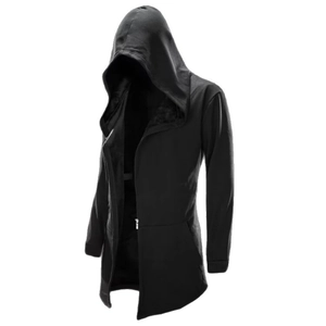 Men's dark style longline hooded cardigan with asymmetrical hem and large wizard hood