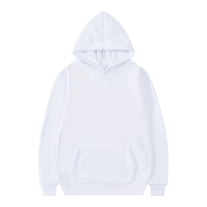Detail shot of white hoodie showing the large kangaroo pocket and ribbed sleeve cuffs
