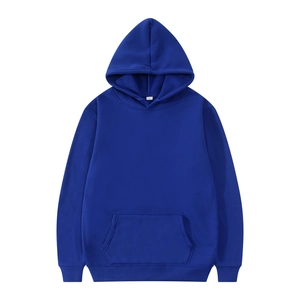 Detailed view of royal blue hoodie with kangaroo pocket and ribbed cuffs in size L