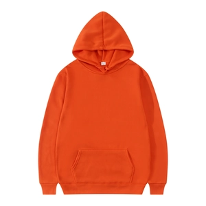 Flat lay of vibrant orange cotton hooded sweatshirt with kangaroo pocket and drawstring