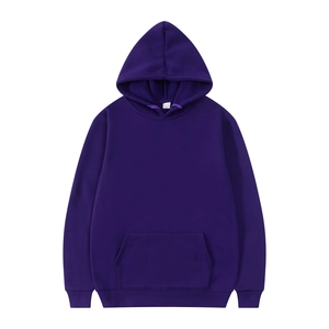 Detail showing deep purple hoodie with kangaroo pocket, drawstring hood and ribbed cuffs