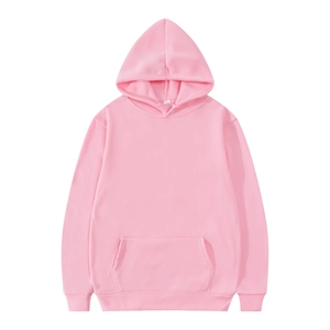 Detail of pink cotton hoodie featuring drawstring hood and ribbed cuffs in size L