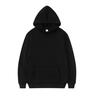 Classic plain black cotton hoodie with kangaroo pocket and ribbed cuffs in a loose fit