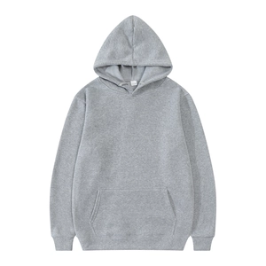 Detail view of the light gray hoodie showing the kangaroo pocket and size L neck label
