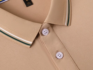 Detail of khaki ice-feel polyester polo shirt with striped ribbed collar and resin buttons