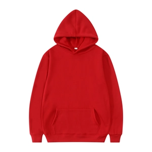 Detailed view of red hoodie showing kangaroo pocket, ribbed cuffs, and size L neck label