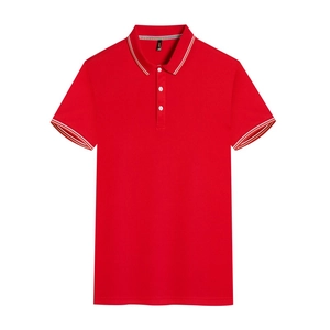 Detail of red Polo shirt with classic striped collar and premium pique cotton texture