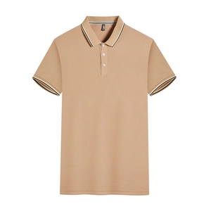 Khaki cotton polo shirt with short sleeves and striped accents on collar and cuffs