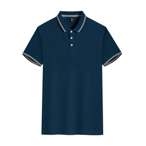Detail of navy blue polo shirt featuring striped rib collar and three-button placket detail