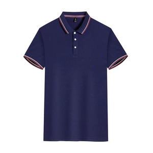 Detail of navy blue polo shirt featuring red and white striped ribbed collar and cuffs