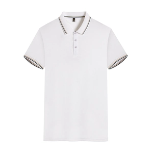 Classic white short-sleeved polo shirt with striped collar and three-button placket