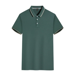 Close-up of dark green polo shirt featuring striped collar and three-button placket detail