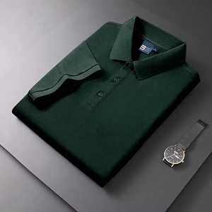 Detailed close-up of dark green polo shirt collar with three buttons and brand tag