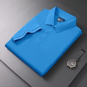 Macro shot of breathable blue pique cotton fabric and ribbed collar detail on polo shirt