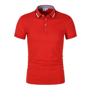 Detail of red men's Polo shirt collar with navy stripes and inside woven label