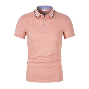 Men's peach pink short sleeve Polo shirt with striped collar and rib knit cuffs