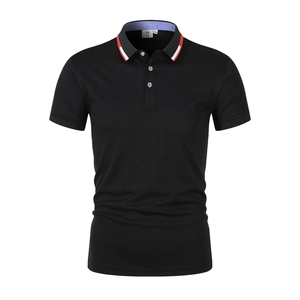 Detail of black polo shirt collar featuring contrast red and white striped tipping and buttons