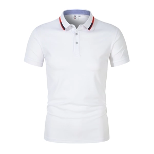 White men's short-sleeve polo shirt with red and blue striped collar detailing