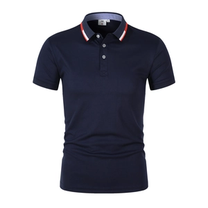 Men's slim fit navy blue short sleeve Polo shirt with red and white striped collar detail