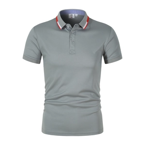Grey men's polo shirt with red striped collar and sporty casual short sleeves