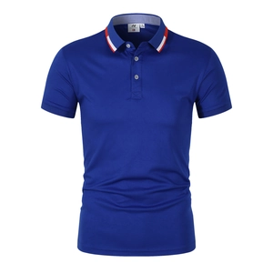 Detail view of navy blue polo shirt collar with red and white striped piping and three buttons