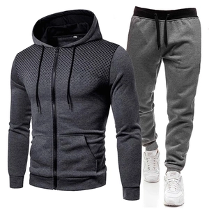 Men's grey polka dot zip hoodie and joggers set with a slim fit and fleece lining