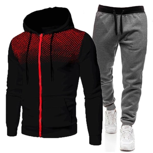 Men's tracksuit with black zip hoodie, red polka dots and grey jogger pants