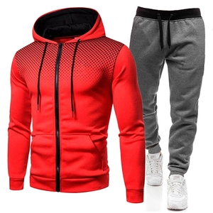 Men's sport set featuring a red hooded zip jacket and grey joggers with dot print