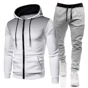 White hooded zip-up tracksuit with grey joggers and black dot gradient print design