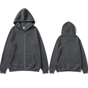 Unisex dark charcoal grey zip-up hoodie featuring a front kangaroo pocket and ribbed cuffs