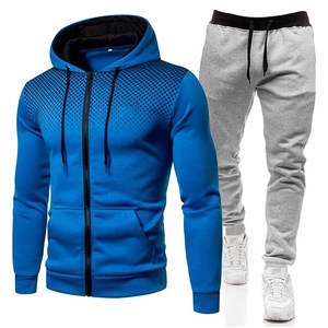 Royal blue zip hoodie and light grey joggers set with gradient polka dot accents