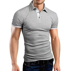 Slim fit men's grey polo shirt with white contrast collar and button placket detail