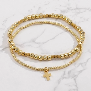 Gold Plated Copper Beaded Bracelet With Cross Pendant Minimalist Multi Layer Stackable Beaded Bracelets For Women Fashion Jewelry