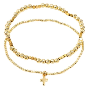 Three-layer gold beaded bracelet set with cross pendant and minimalist metal spheres