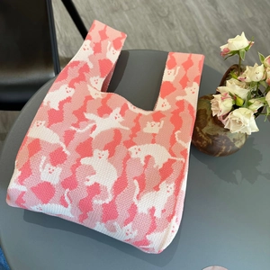 Niche Design Knit Wrist Bag Women Cat Pattern Tote Handbag Fashionable Knot Bag Polyester Casual Shopping Pouch Gift