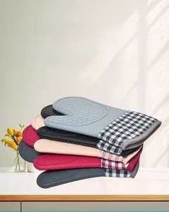 Heat resistant oven mitts with silicone grip and plaid cotton cuff in various colors
