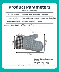 Silicone heat resistant oven mitt with non-slip texture and cotton cuff size 30x18.5cm