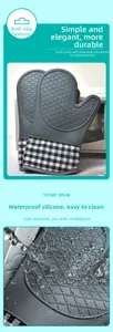 Waterproof silicone oven mitt with anti-slip diamond texture and plaid cloth edge detail