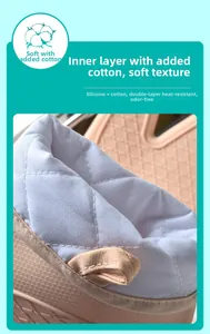 Detail of insulated oven mitt showing thick cotton lining and anti-slip silicone texture