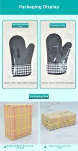 Detail of black silicone heat-resistant oven mitt with black and white checkered fabric cuff