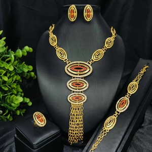 Luxury 24k gold plated jewelry set with necklace earrings bracelet and red rhinestones