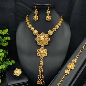 Luxurious 24k gold jewelry set with flower filigree necklace, earrings and ring