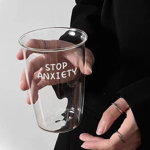 Stop Anxiety Glass Cup Borosilicate Clear Mug With Cute Cartoon Dog Illustration Heat Resistant Flared Rim Drinking Vessel