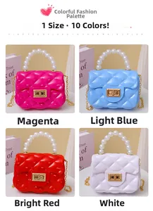 Detail showing mini jelly handbags in fuchsia, light blue, red, and white with pearl handles
